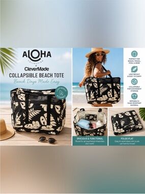 ALOHAS Black and White Hibiscus Collapsible Tote